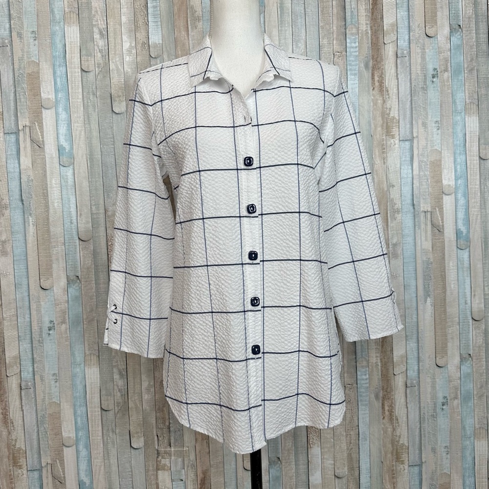 Habitat S White Windowpane Crinkled Button‎ Down Shirt Top Blouse Work Lagenlook